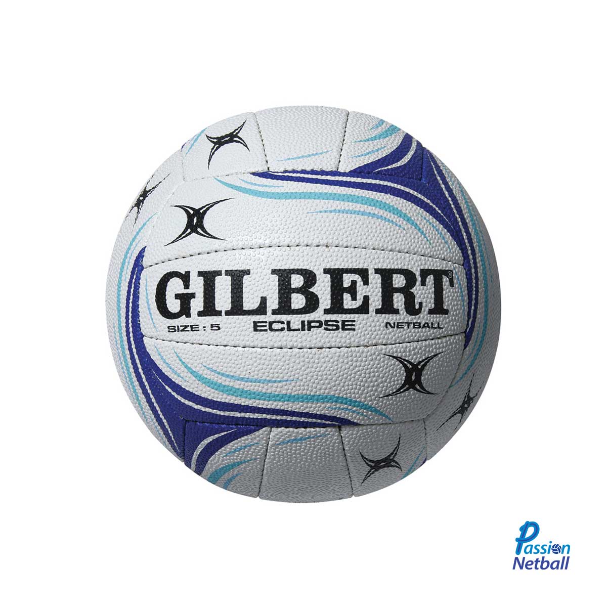 gilbert eclipse blue white netball on a white background